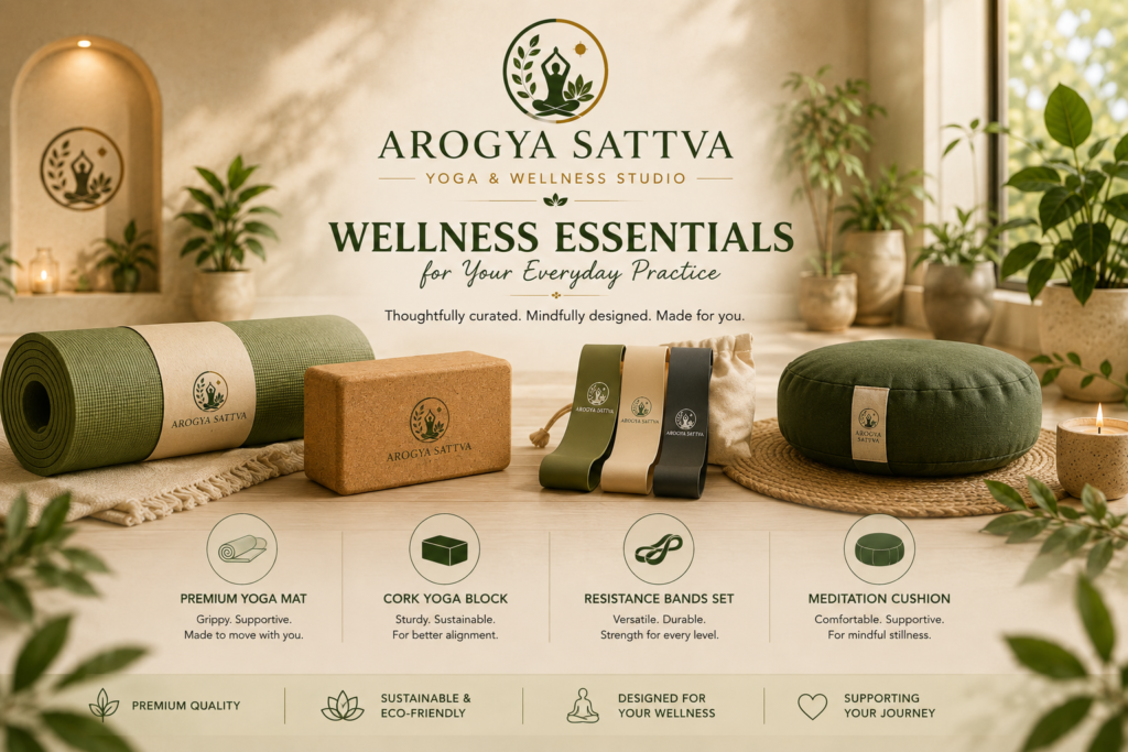Premium yoga and meditation products at a wellness center in Bangalore