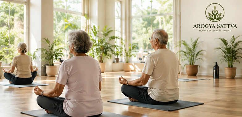 Senior yoga class at Arogya Sattva a wellness center at Bangalore