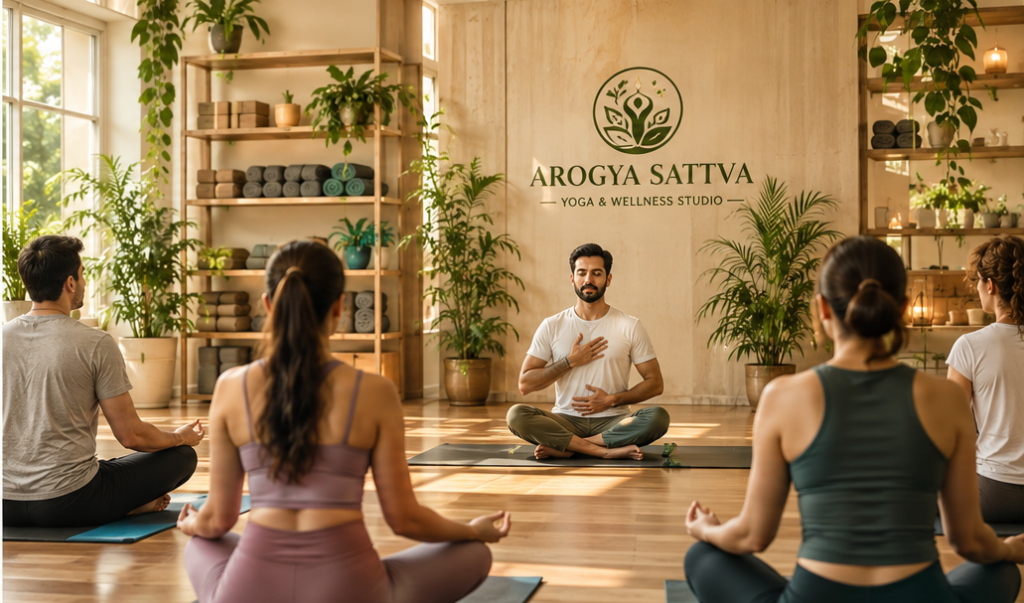 Corporate wellness yoga session at Arogya Sattva a wellness center at Bangalore